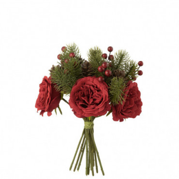 Bouquet Roses / Baies / Branche De Pin Plastique Rouge / Vert L