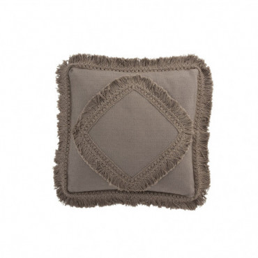 Coussin Franges Carre Coton Taupe
