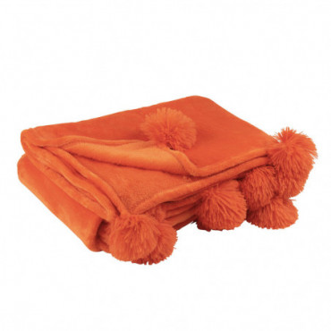 Plaid Pompon Polyester Orange Vif