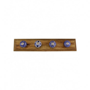 Patères décoratives bleues et blanches sur socle en bois