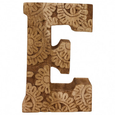 Lettre en bois sculptée à la main motif fleurs E