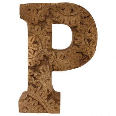 Lettre en bois sculptée à la main motif fleurs P