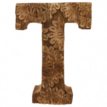 Lettre en bois sculptée à la main motif fleurs T