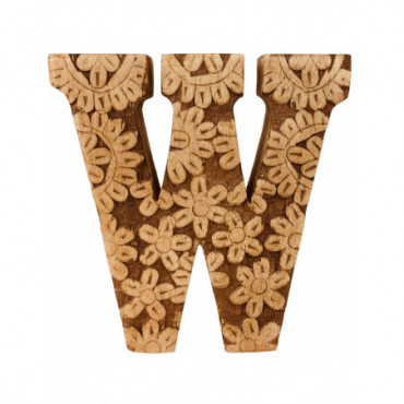Lettre en bois sculptée à la main motif fleurs W