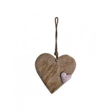 Ornement de coeur suspendu en bois avec coeur argenté