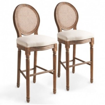 Chaise de bar baroque x2 en lin en rotin Blanc crème 48x52x123cm
