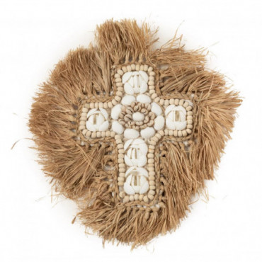 Croix En Coquillage Raphia - Blanc Naturel - 30cm