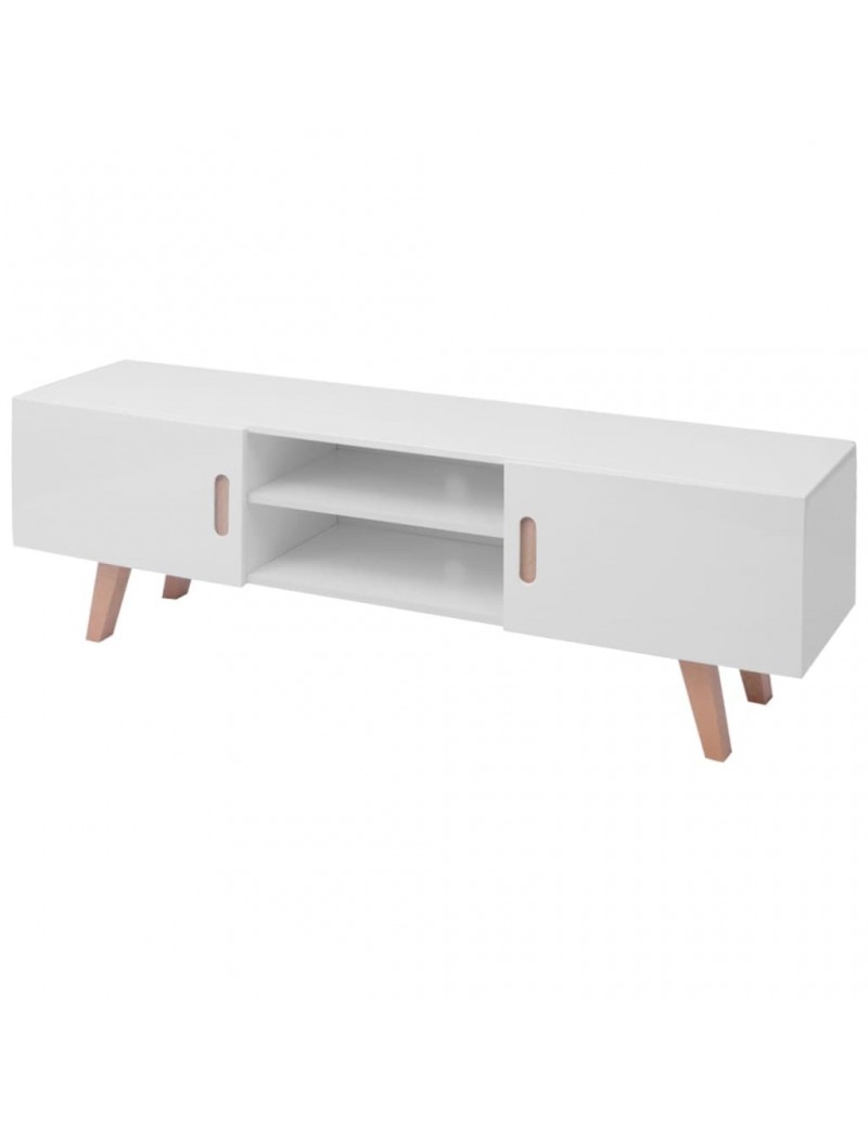 meuble tv en bois blanc brillant style scandinave 150x35x48 5cm