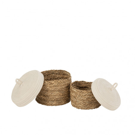 Paniers Ronds Avec Couvercle Herbe/Coton Naturel/Blanc Set De 2