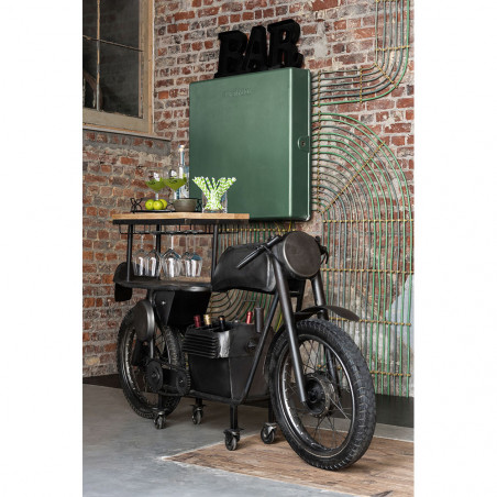 Bar Motocyclette 12 Verres 6 Bouteilles Metal/Bois De Manguier Gris Fonce/Naturel