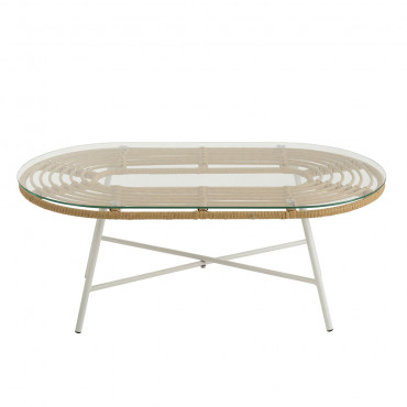 Table Basse Ovale D'Exterieur Metal/Verre Nature/Blanc