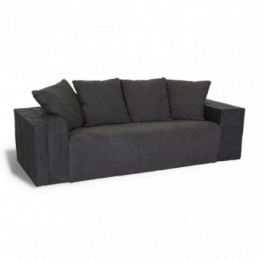 Canapé droit en bois recyclé noir assise en tissu anthracite L220cm...