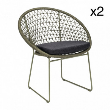 Lot de 2 fauteuils de table en métal vert olive avec coussin noir...