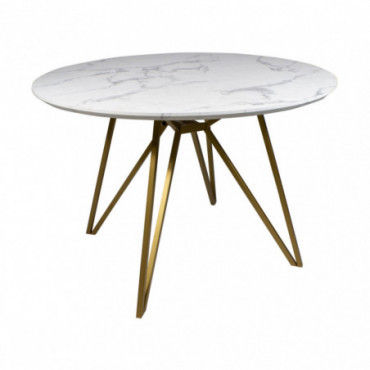 Table à manger avec plateau effet marbre blanc et pieds métal doré...