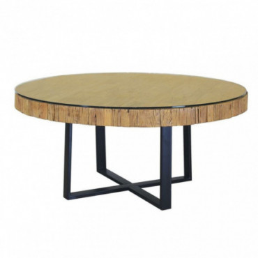 Table ronde en bois de teck recyclé avec plateau en verre D160cm...