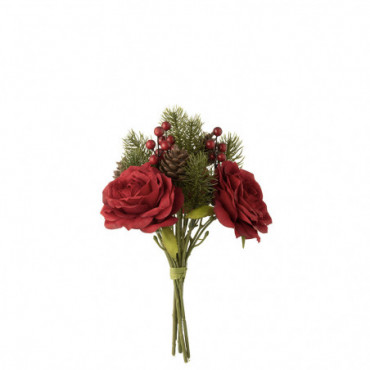 Bouquet Roses/Baies/Branche De Pin Plastique Rouge/Vert Petit