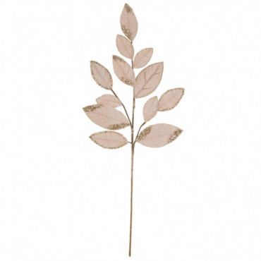 Branche Feuille Velours Rose Perles Or
