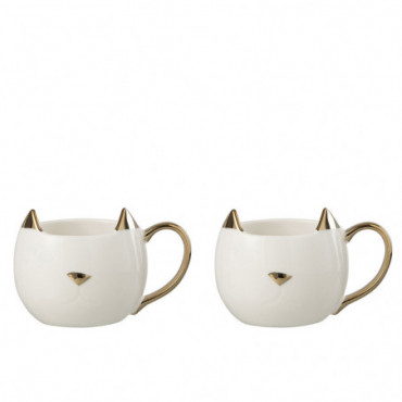 Boite De 2 Mug Chat Porcelain Blanc/Or