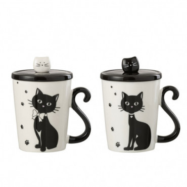 Mug Imprime Chat + Couvercle + Cuillere Porcelain Blanc / Noir