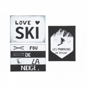 Pancarte Texte+Illustration Ski Metal Blanc/Noir x3
