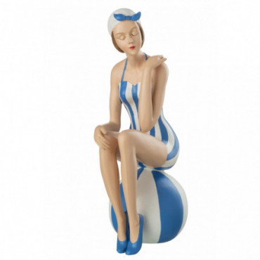 Femme Maillot Assis Sur Ballon Resine Bleu