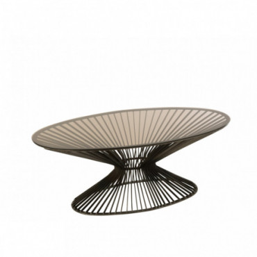 Table Basse Ovale Barreaux Metal/Verre Gris/Brun