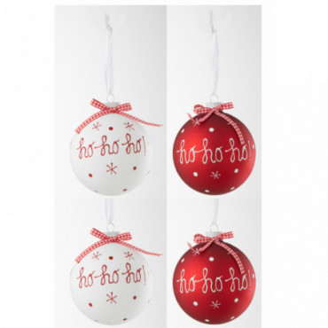 Boite De 4 Boules De Noel 2+2 Hoho+Flocons+Noeud Rouge/Blanc L