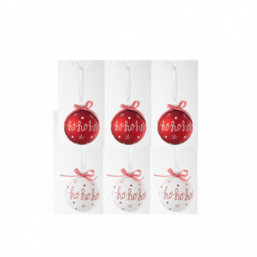 Boite De 6 Boules De Noel 3+3 Hoho+Flocons+Noeud Rouge/Blanc S