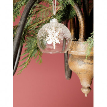 Boule de Noël 8cm transparente avec flocon de bois