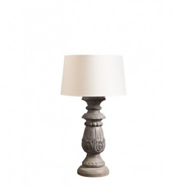 Lampe 40cm à poser bois sculpté patine grise abat-jour inclus