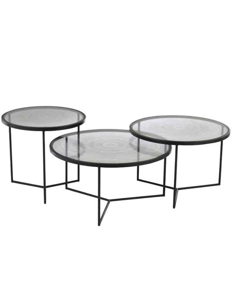 Set De 3 Tables Gigogne Cercles Metal/Verre Noir