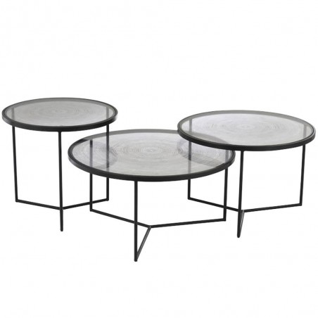 Set De 3 Tables Gigogne Cercles Metal/Verre Noir