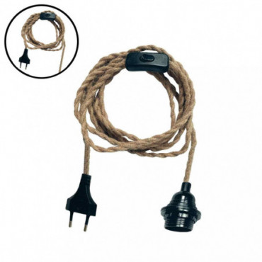 Suspension Douille Noire 300Cm Cable Torsadé Corde Naturelle Prise