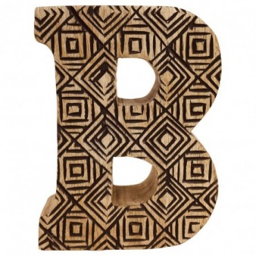 Lettre décorative B géométrique en bois à motifs sculpté à la main