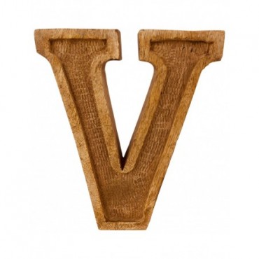Lettre décorative V géométrique en bois à relief sculpté à la main