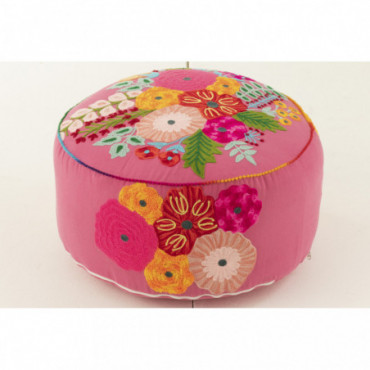 Pouf Rond Fleurs Broderie Coton/Polyester Rose