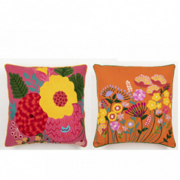 Coussin Fleurs Broderie Coton/Polyester Orange/Rose x2