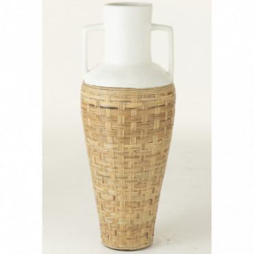 Vase Tissage + Anses Terracota/Rotin Blanc/Naturel