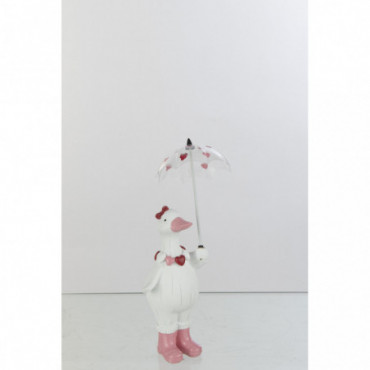Canard Coeur + Parapluie Polyrésine Blanc/Rose Petit
