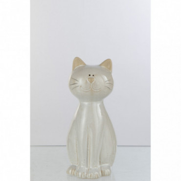Chat Assis Porcelaine Beige Grand