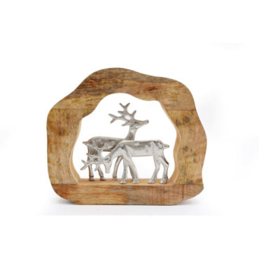 Bûche de bois avec rennes en métal argenté