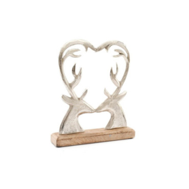 Cerf en forme de coeur en métal argenté sur socle en bois