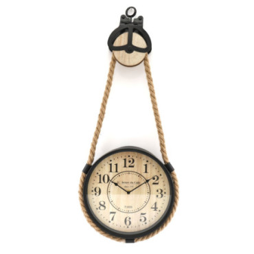 Horloge ronde en métal noir avec corde suspendue industrielle