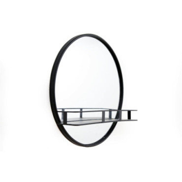 Miroir circulaire avec cadre en métal noir avec étagère