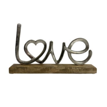 Ornement Love en métal argenté sur un socle en bois