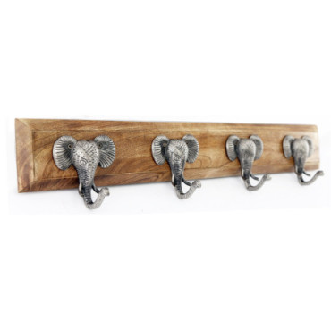 Quatre crochets en forme d'éléphant argenté sur base en bois