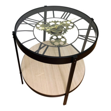 Table d'horloge avec plateau en verre et métal noir