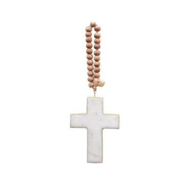 Suspension croix marble blanc et billes de bois
