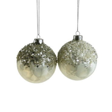 Boule en verre avec perles argent/blanc Boules de Noël