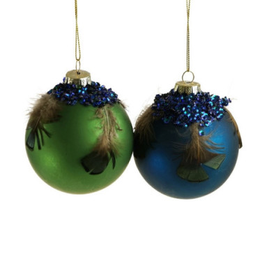 Boule en verre avec plume bleu/vert Noël Garden